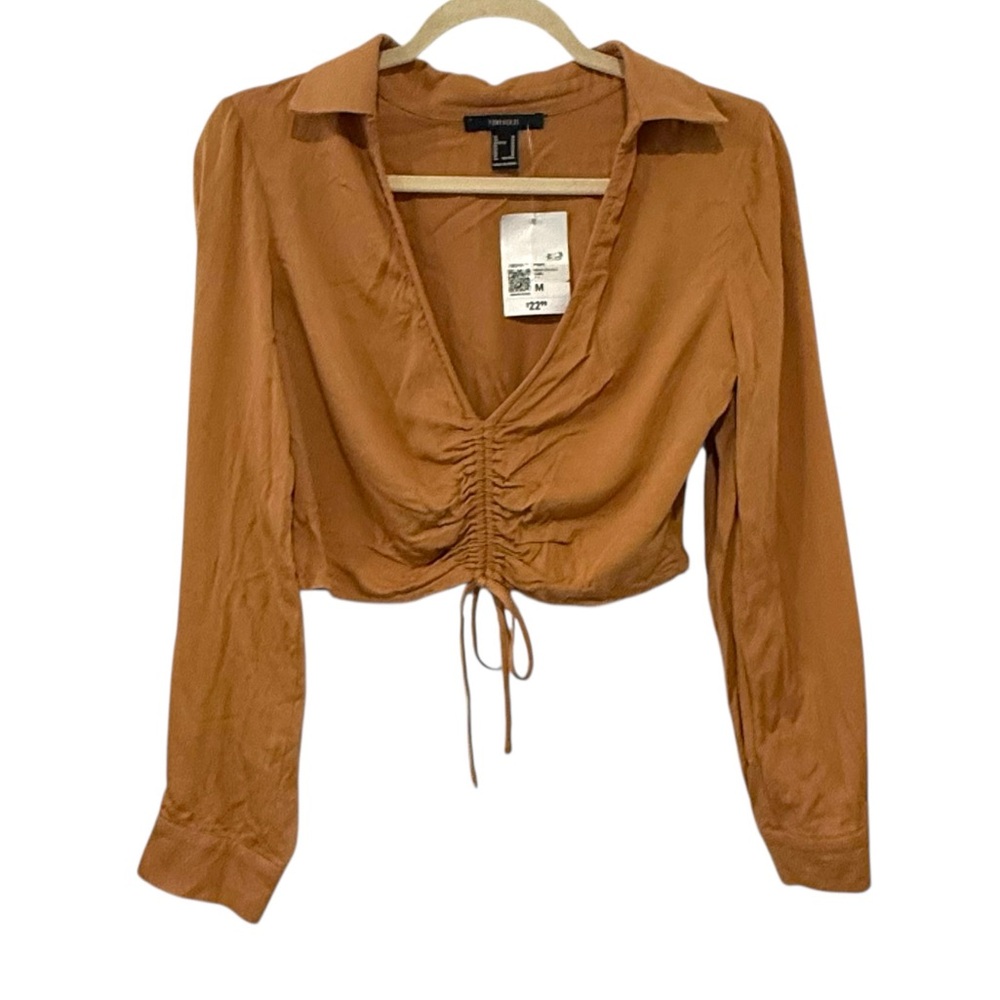 NWT Forever 21 Medium Camel Brown Crop Blouse Collared Long Sleeve Festival Top